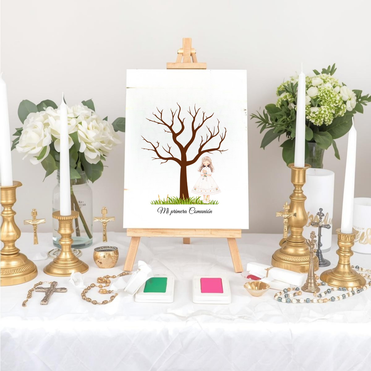 Árbol de huellas primera comunión | Libro de firmas ilustración personalizable | Varios modelos disponibles niña rubia, morena, pelirroja...