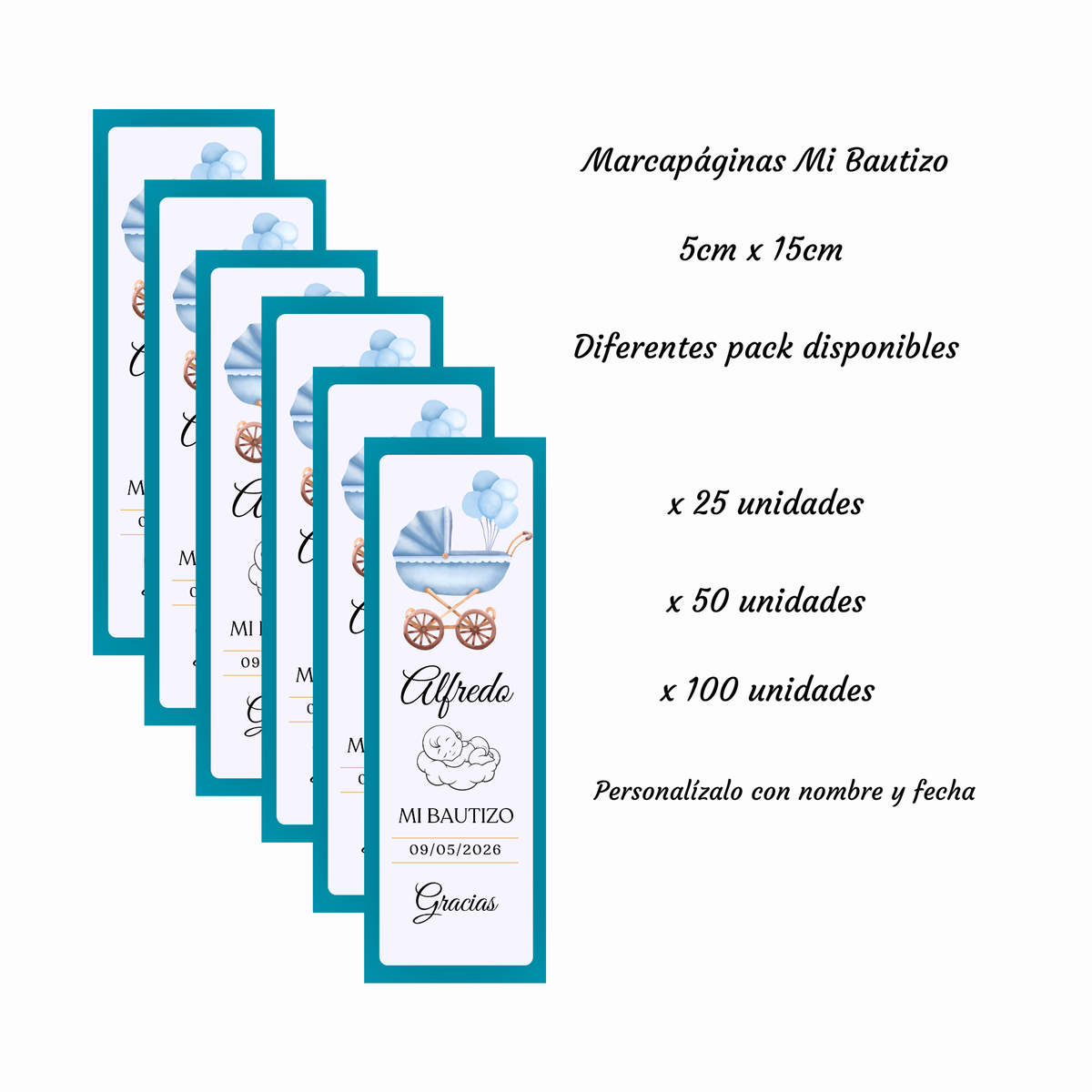 Marcapáginas Bautizo Personalizados – Diseño Carrito Azul – Packs 12 / 24 / 36 / 48 – Recuerdo para Invitados