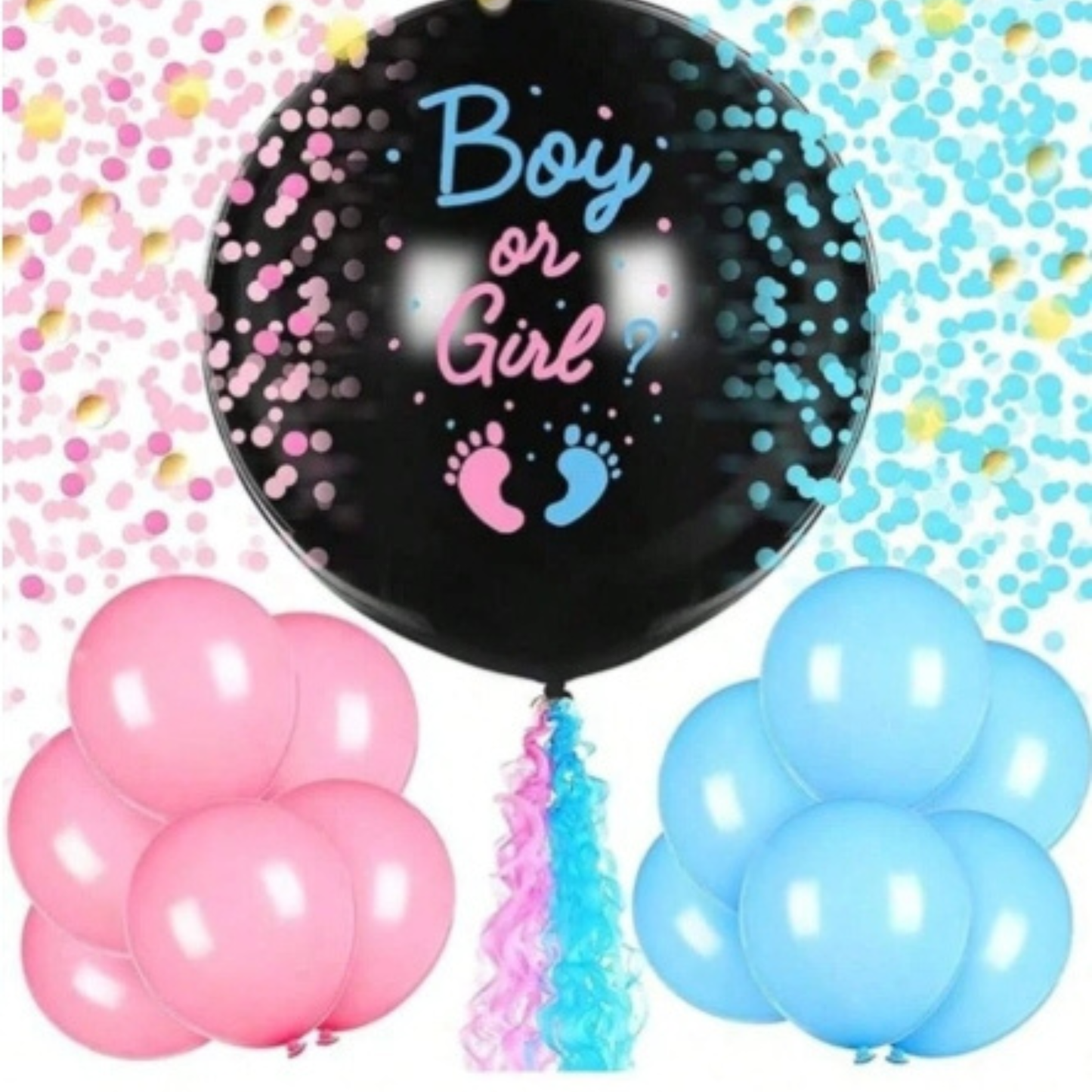 Pack Gender Reveal — Globo revelación + 2 cañones rosa + globos BOY & GIRL