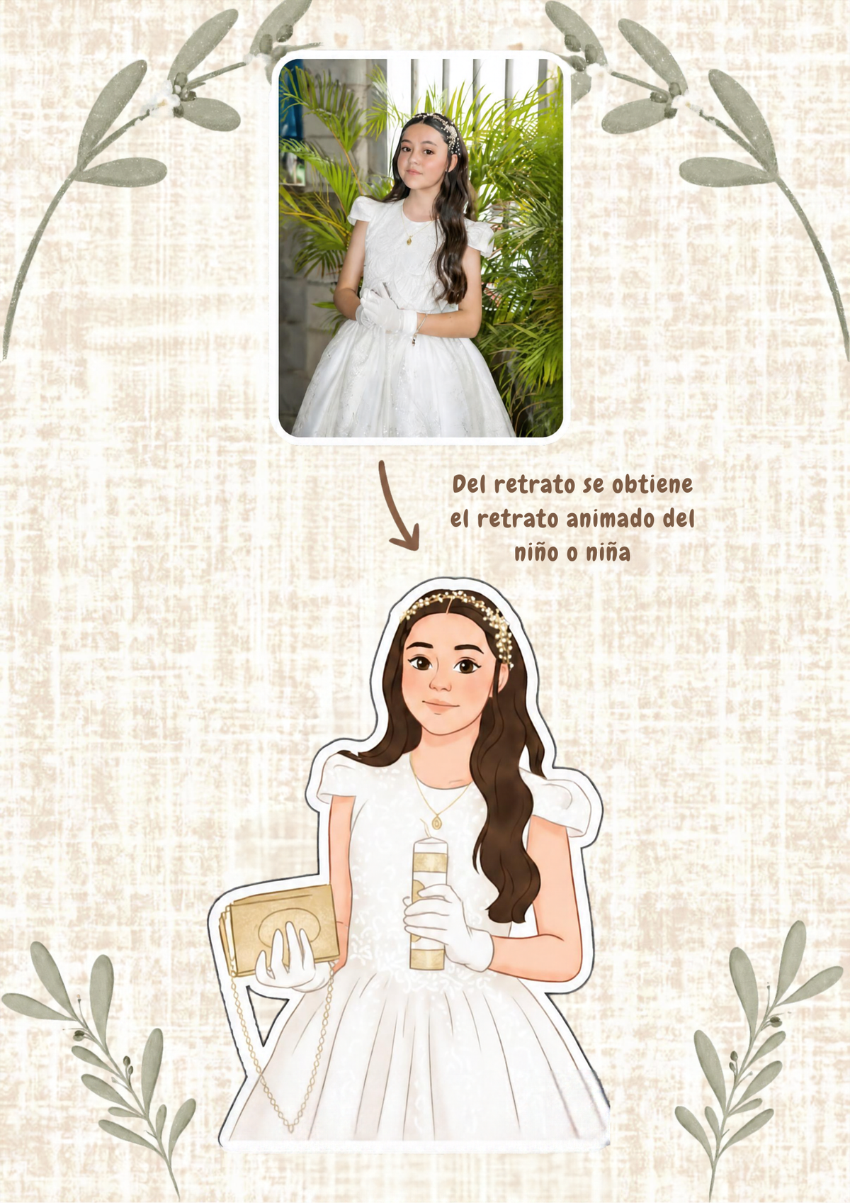 Póster Bienvenida Mi primera Comunión personalizable | Retrato animado niño niña comunión | Tamaño A3