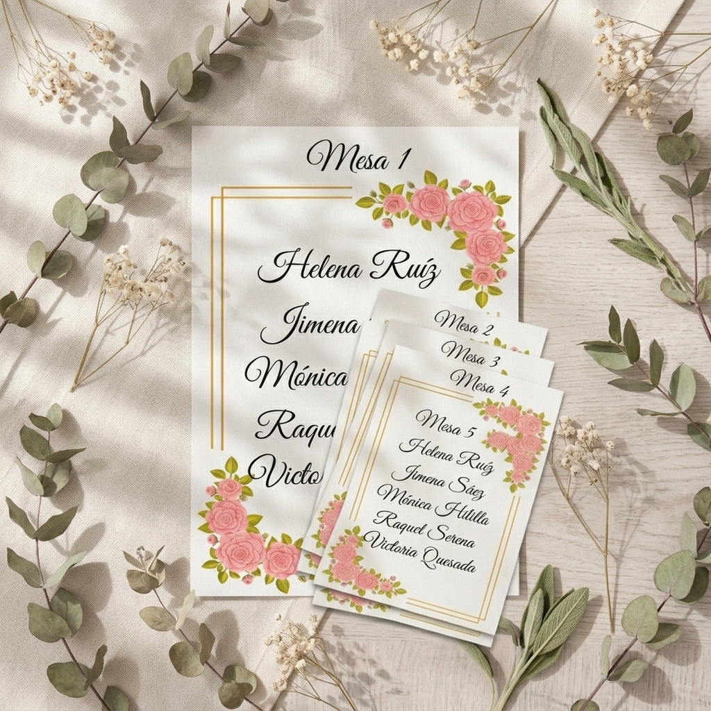 Plantillas A5 para Seating Plan, Numeración de Mesas y Menús – Diseño Floral con Marco Dorado – Papel Couche Mate 200 g – Pack 30/50/100