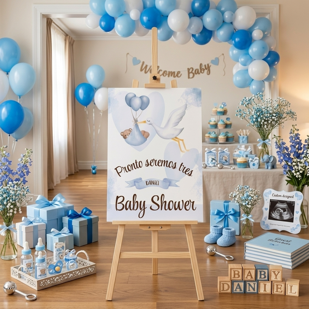Lámina A3 Baby Shower niño | Cartel decoración fiesta del bebé | Lámina Bienvenida nacimiento