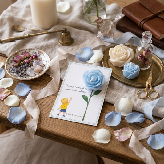 Tarjeta “Sueños que se alcanzan” Niño rubio / Niño moreno - Vela de flor perfumada recuerdo – Pack montado A6 - Recordatorio invitados - Regalo celebración