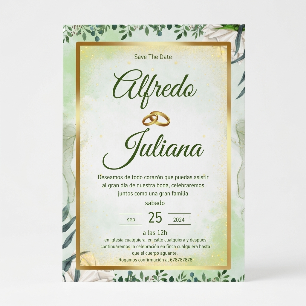Invitaciones de Boda “Save The Date” · Diseño Floral Verde y Dorado · Tamaño A5 · Pack 10/20/30