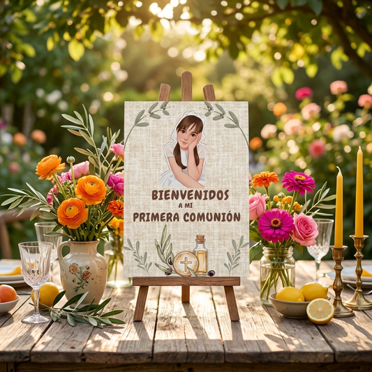 Póster Bienvenida Mi primera Comunión personalizable | Retrato animado niño niña comunión | Tamaño A3