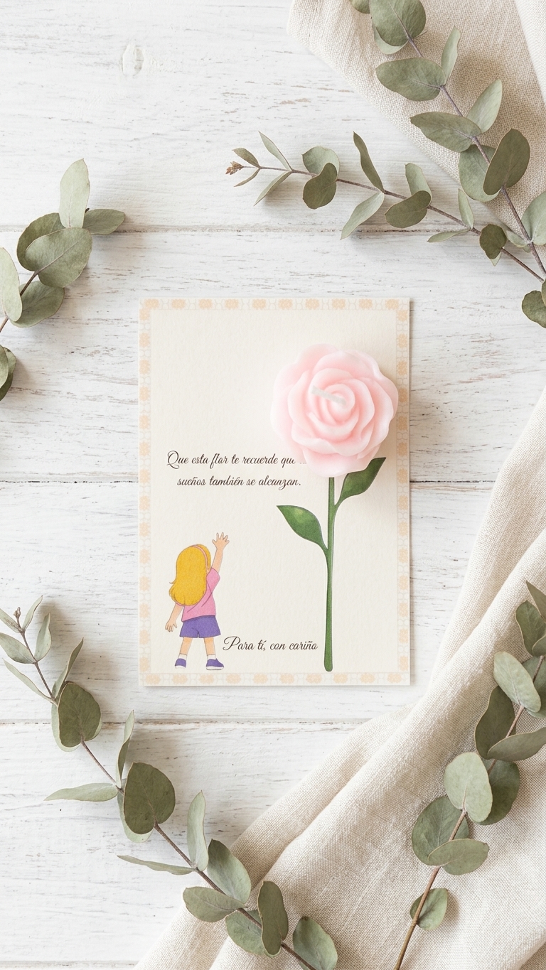 Tarjeta “Sueños que se alcanzan” Niña rubia / Niña morena con vela rosa perfumada – Pack montado A6 - Recordatorio invitados - Regalo y detalles que enamoran