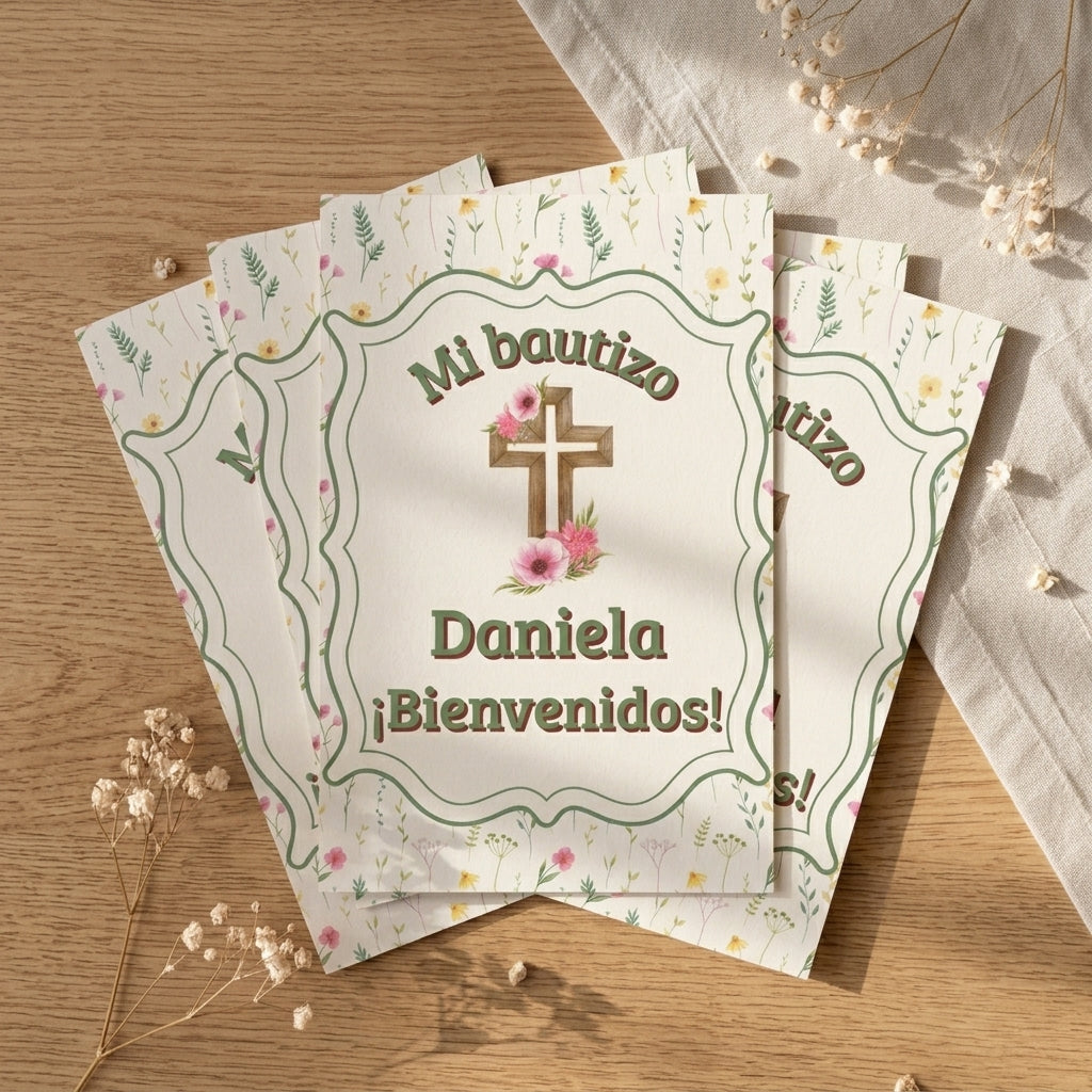 Cartel Bienvenida Bautizo Personalizable A3 – Papel Couche Mate 350 g – Diseño Floral con Cruz Rosa