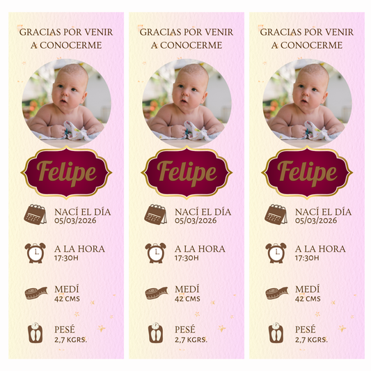 Marcapáginas Natalicio Personalizados con Foto – Diseño Rosa Pastel – Packs 12 / 24 / 36 / 48 – Recuerdo de Nacimiento
