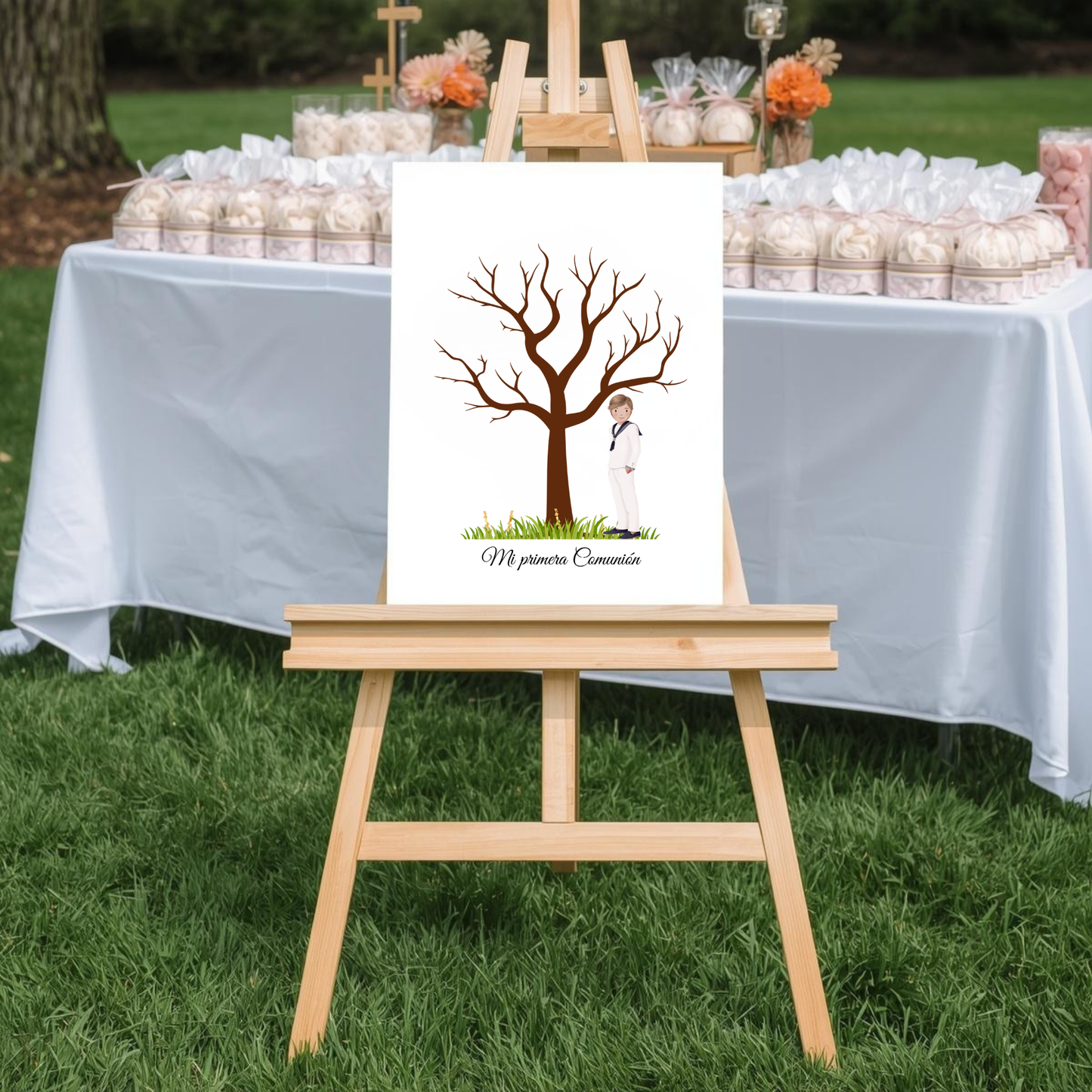 Árbol de huellas primera comunión | Libro de firmas ilustración personalizable | Varios modelos moreno, rubio, pelirrojo..