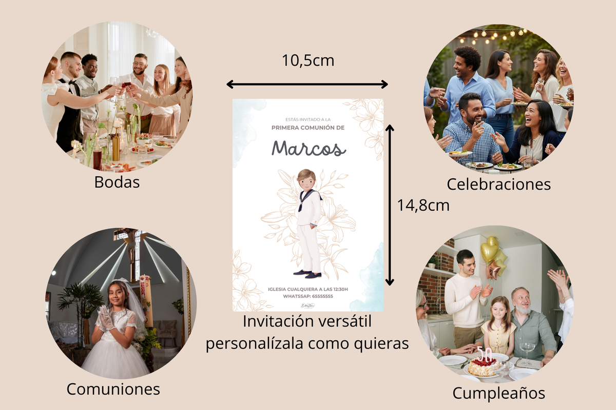 Invitaciones de Primera Comunión niño – Pack de 16, 24 y 32 unidades | Pack invitaciones personalizables