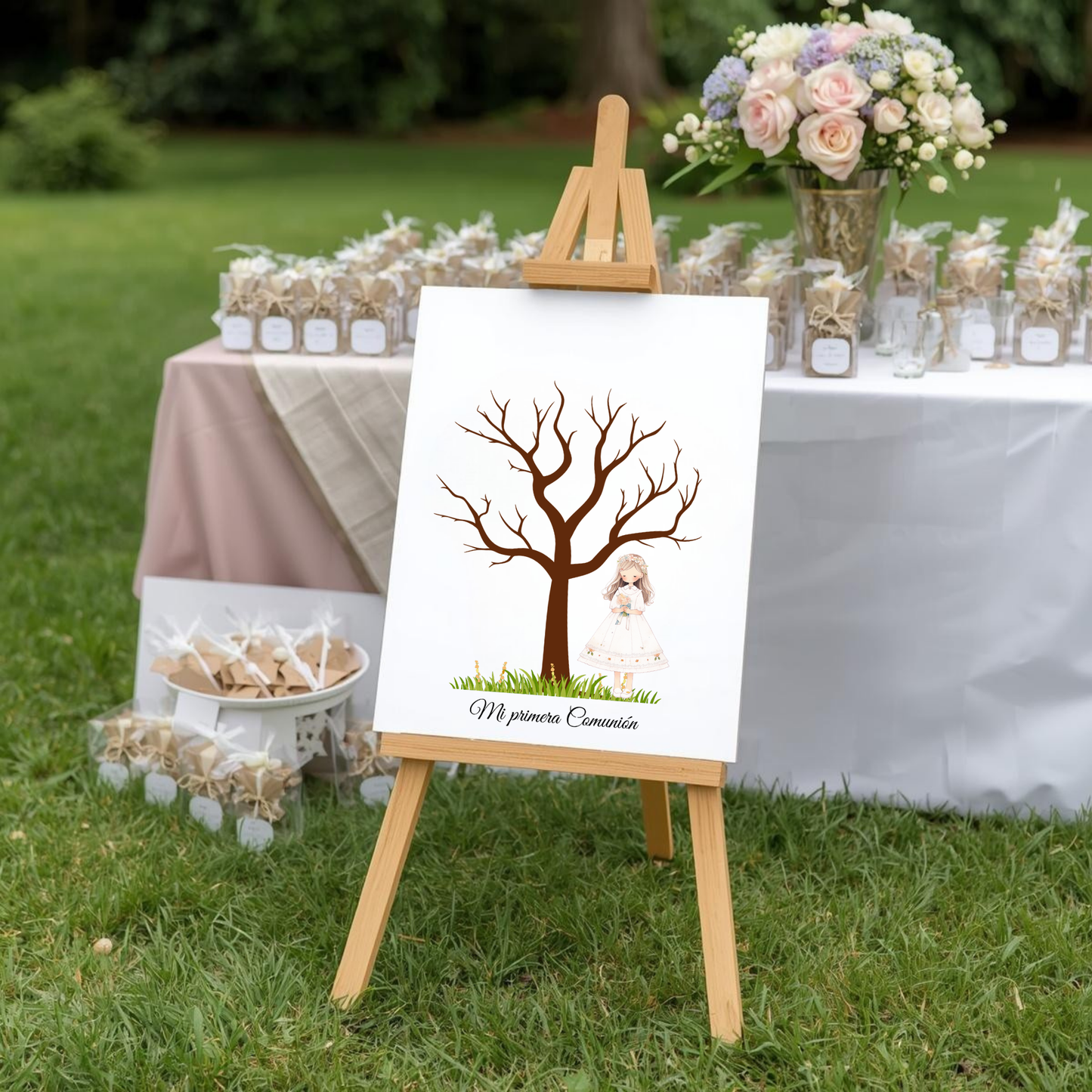 Árbol de huellas primera comunión | Libro de firmas ilustración personalizable | Varios modelos disponibles niña rubia, morena, pelirroja...