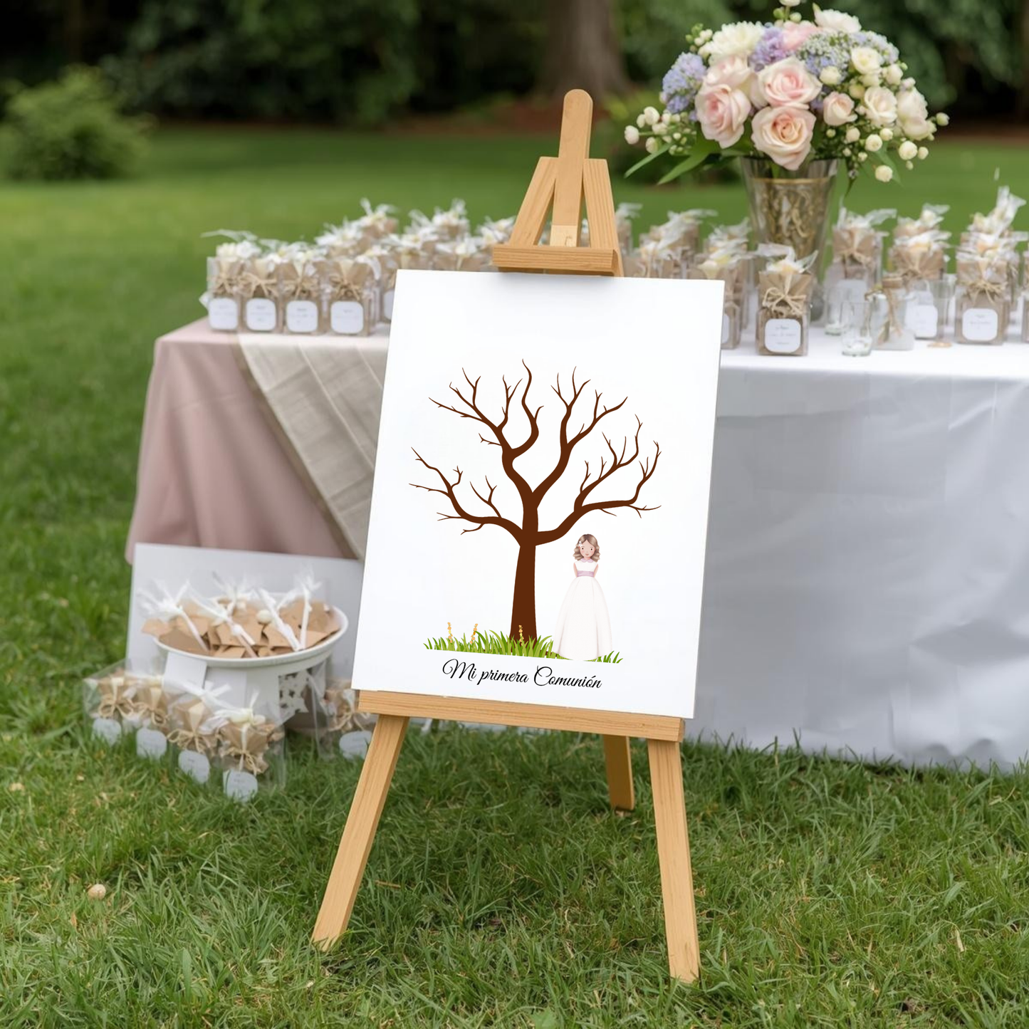 Árbol de huellas primera comunión | Libro de firmas ilustración personalizable | Varios modelos disponibles niña rubia, morena, pelirroja...