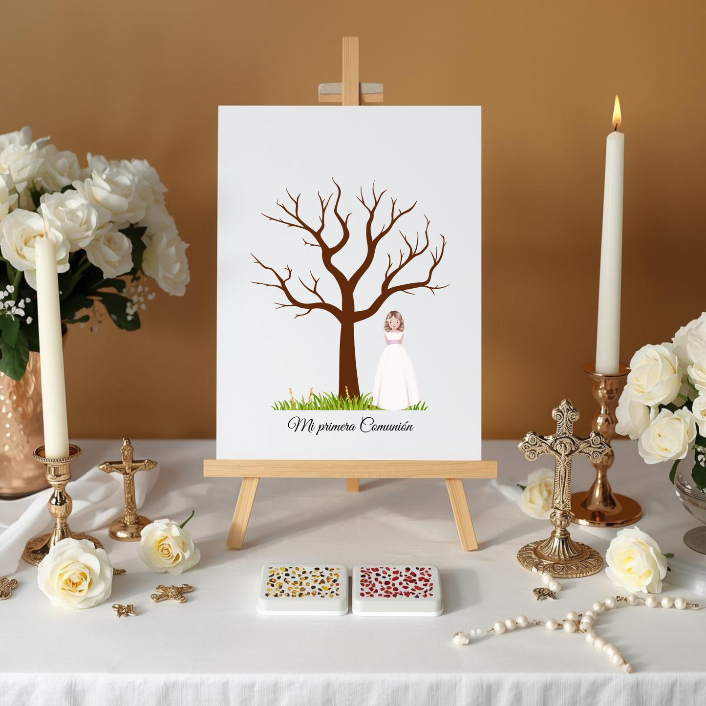 Árbol de huellas primera comunión | Libro de firmas ilustración personalizable | Varios modelos disponibles niña rubia, morena, pelirroja...