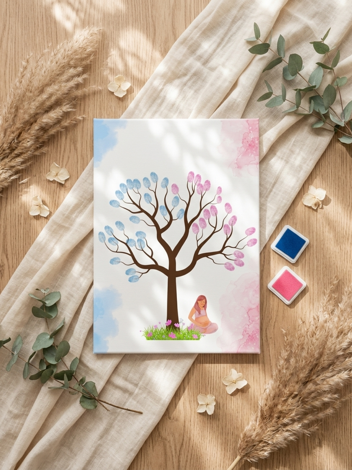 Árbol de huellas revelación de género - Tinta azul y rosa - Actividad gender reveal