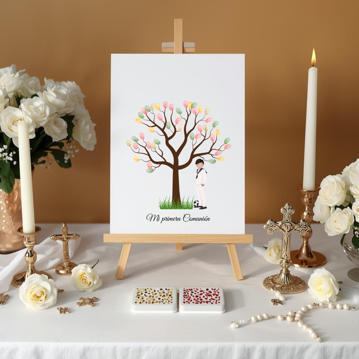 Árbol de huellas primera comunión | Libro de firmas ilustración personalizable | Varios modelos moreno, rubio, pelirrojo..