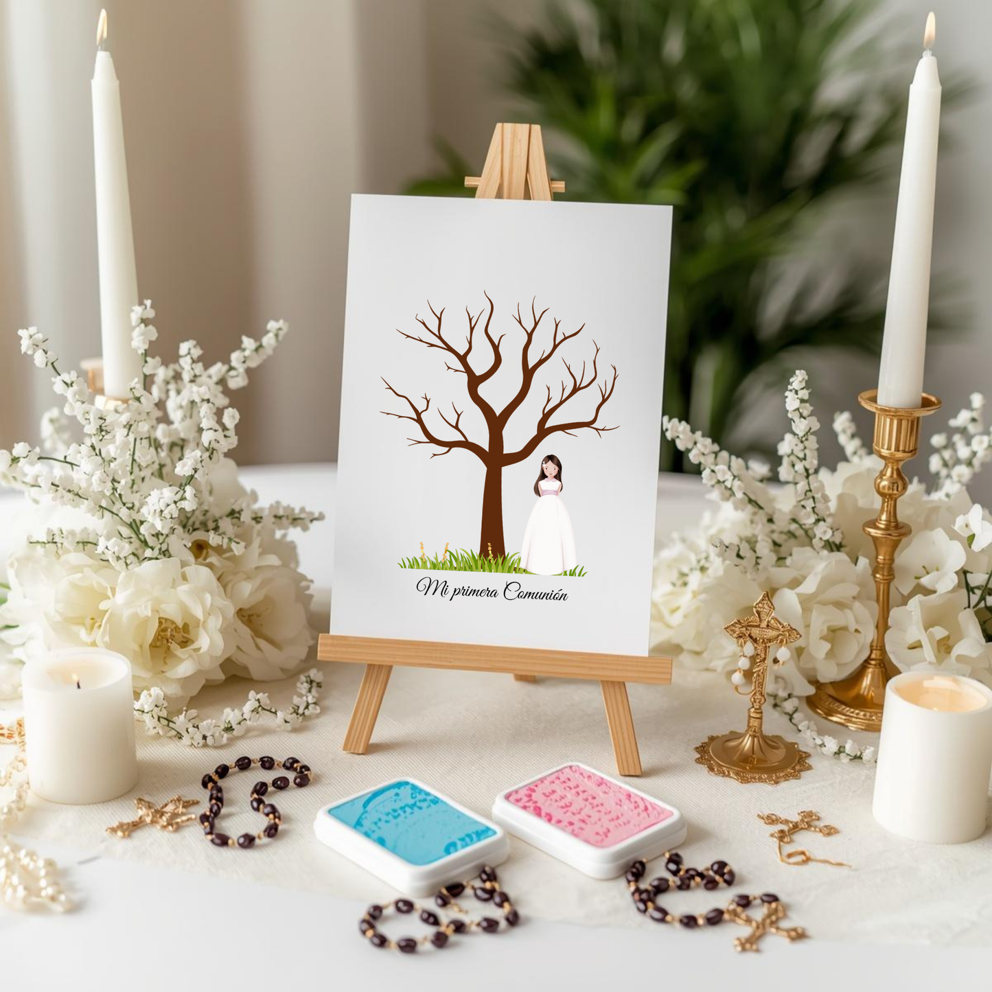 Árbol de huellas primera comunión | Libro de firmas ilustración personalizable | Varios modelos disponibles niña rubia, morena, pelirroja...