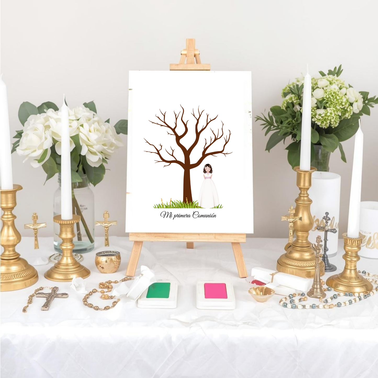 Árbol de huellas primera comunión | Libro de firmas ilustración personalizable | Varios modelos disponibles niña rubia, morena, pelirroja...