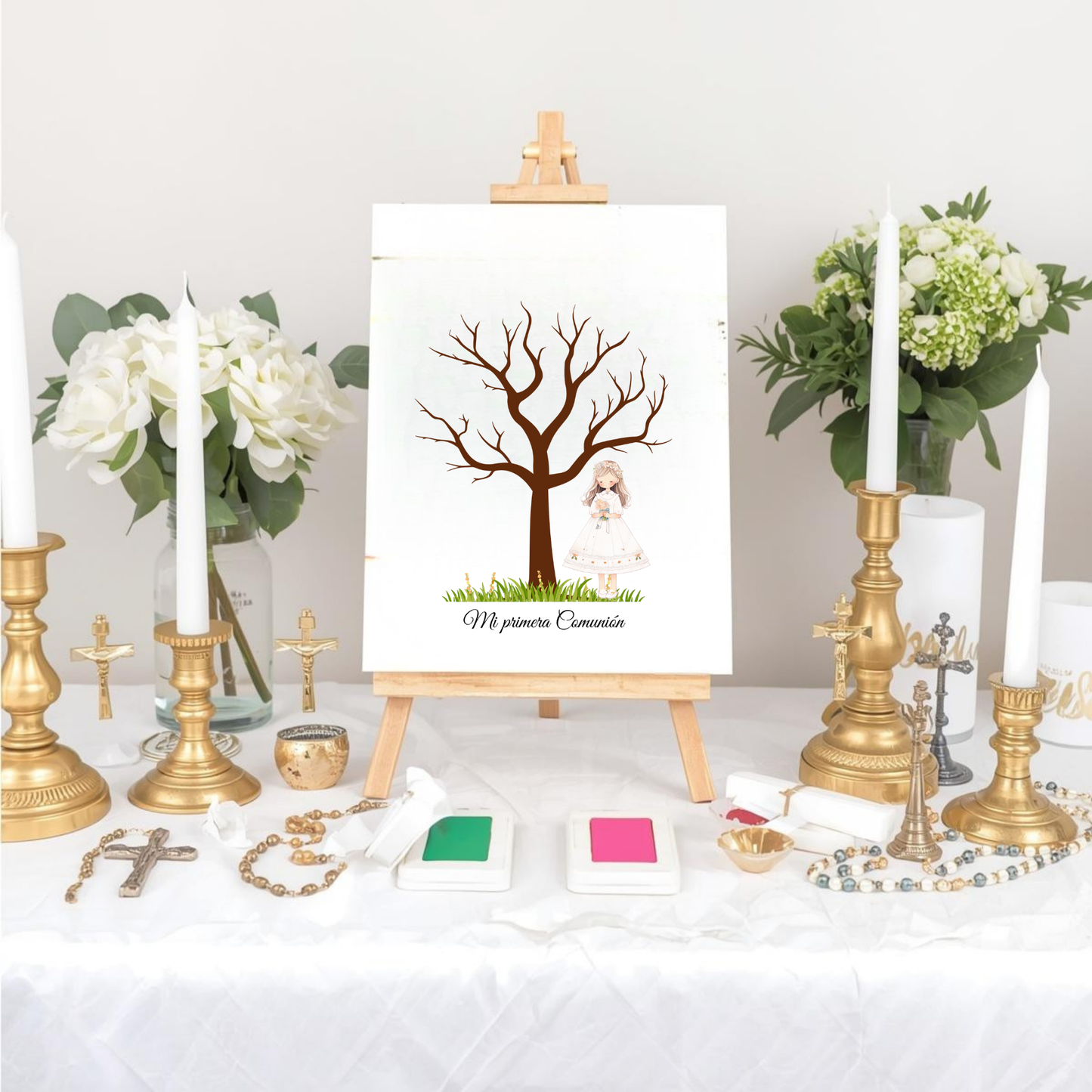 Árbol de huellas primera comunión | Libro de firmas ilustración personalizable | Varios modelos disponibles niña rubia, morena, pelirroja...