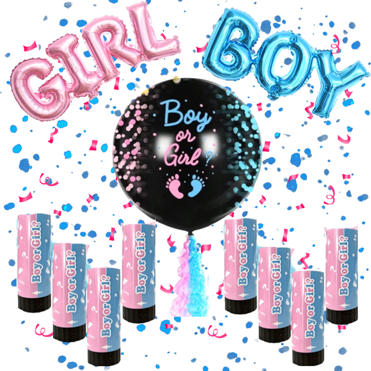Pack Gender Reveal — Globo revelación + 2 cañones azules + globos BOY & GIRL