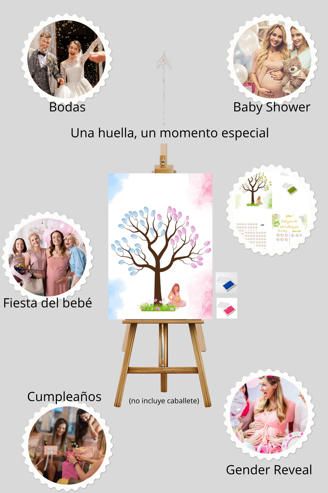 Mega Pack Gender Reveal — Globo revelación + cañones rosa y azul + globos BOY & GIRL + árbol de huellas + juego de votación + adhesivos + pines (131 piezas)