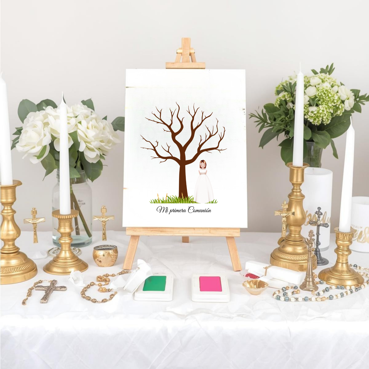 Árbol de huellas primera comunión | Libro de firmas ilustración personalizable | Varios modelos disponibles niña rubia, morena, pelirroja...