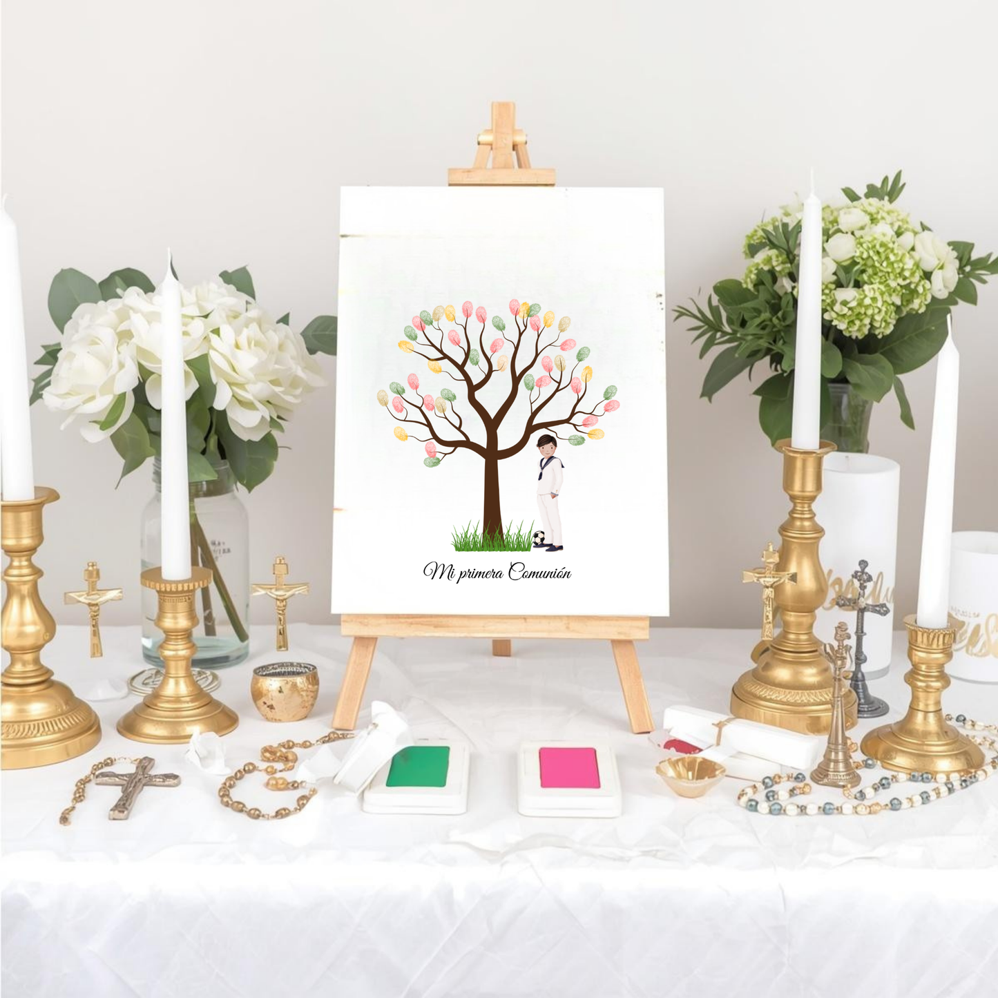 Árbol de huellas primera comunión | Libro de firmas ilustración personalizable | Varios modelos moreno, rubio, pelirrojo..