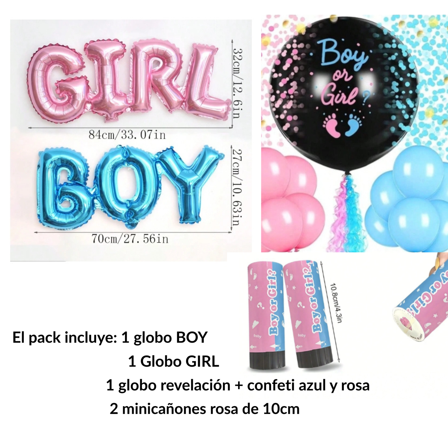 Pack Gender Reveal — Globo revelación + 2 cañones rosa + globos BOY & GIRL