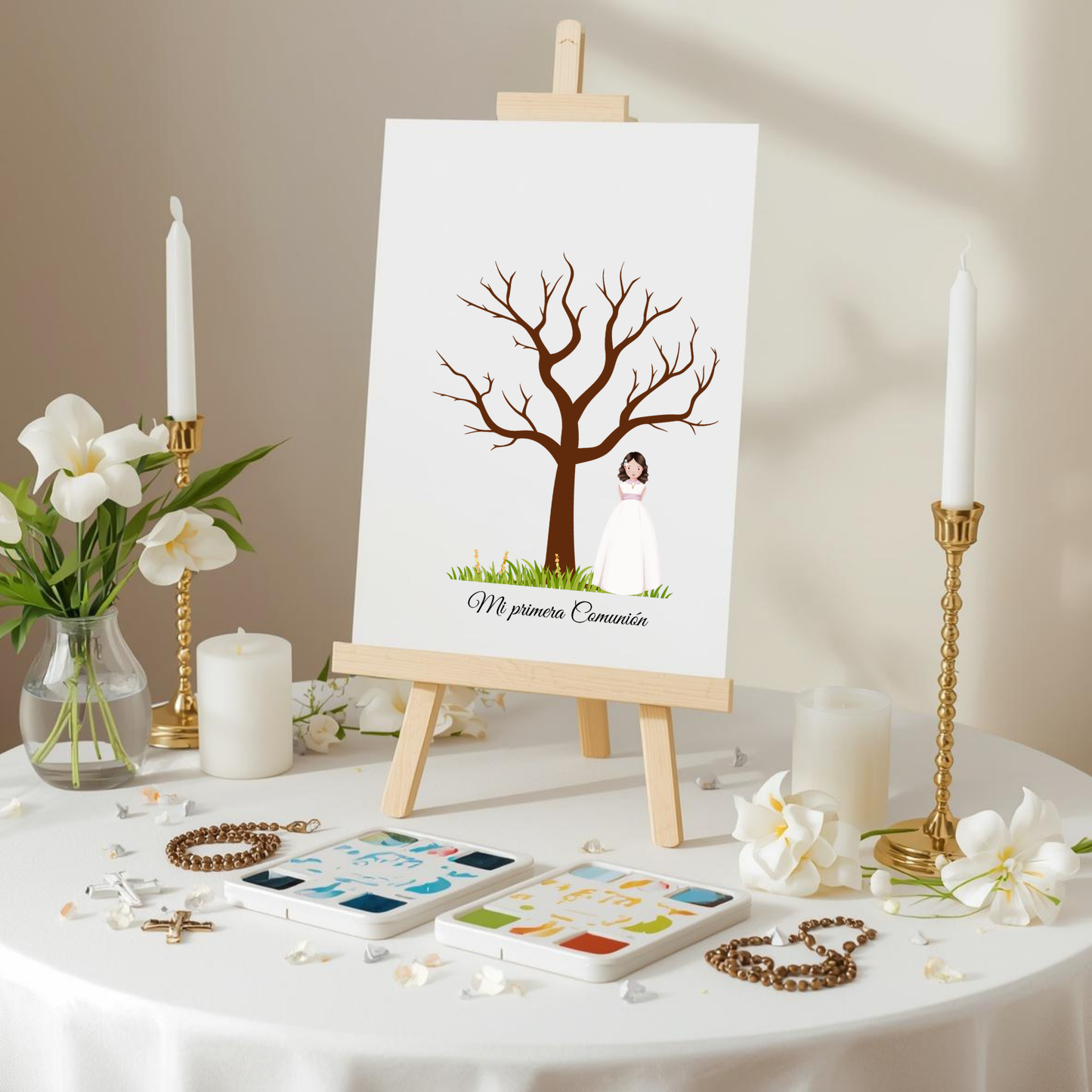 Árbol de huellas primera comunión | Libro de firmas ilustración personalizable | Varios modelos disponibles niña rubia, morena, pelirroja...