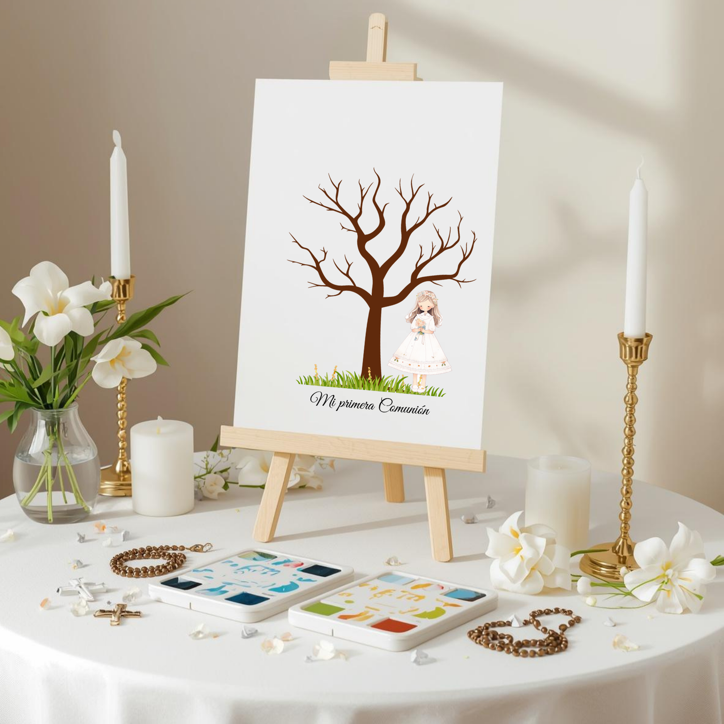 Árbol de huellas primera comunión | Libro de firmas ilustración personalizable | Varios modelos disponibles niña rubia, morena, pelirroja...