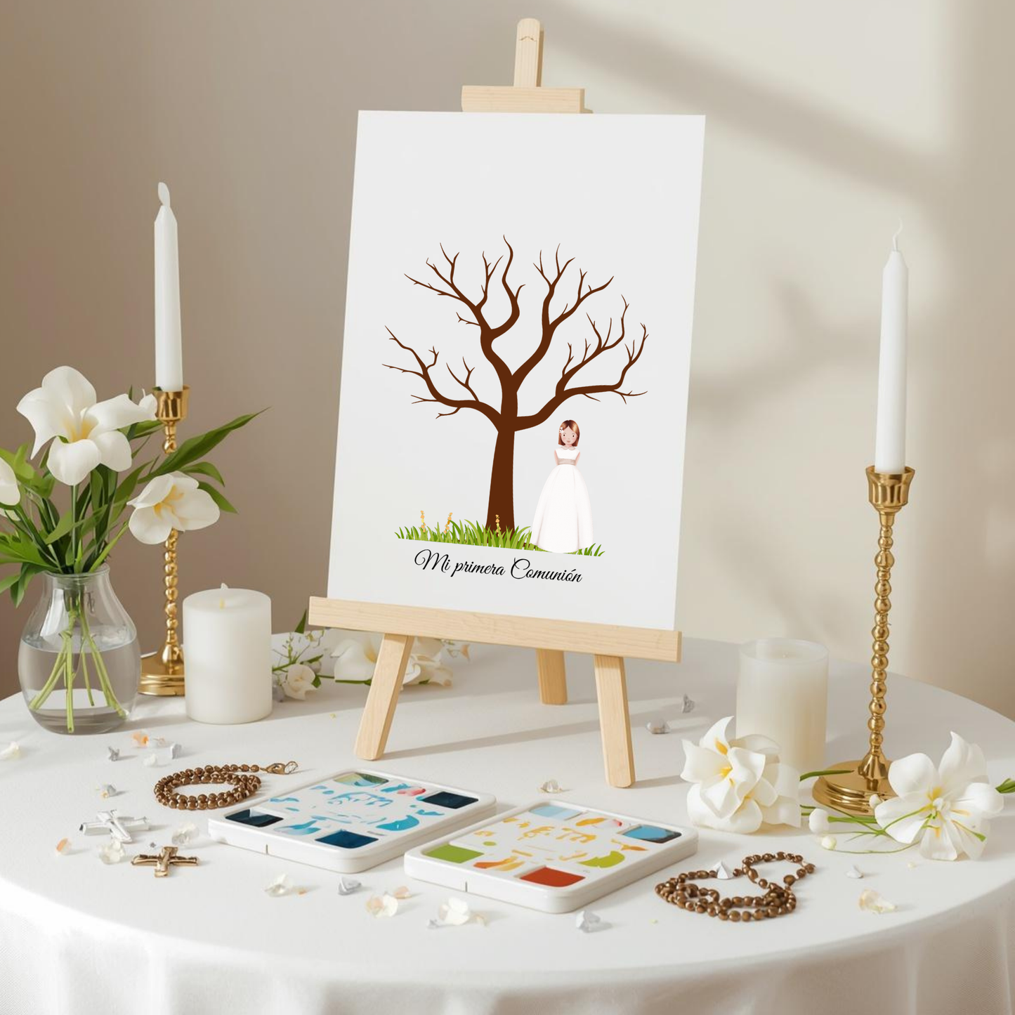 Árbol de huellas primera comunión | Libro de firmas ilustración personalizable | Varios modelos disponibles niña rubia, morena, pelirroja...