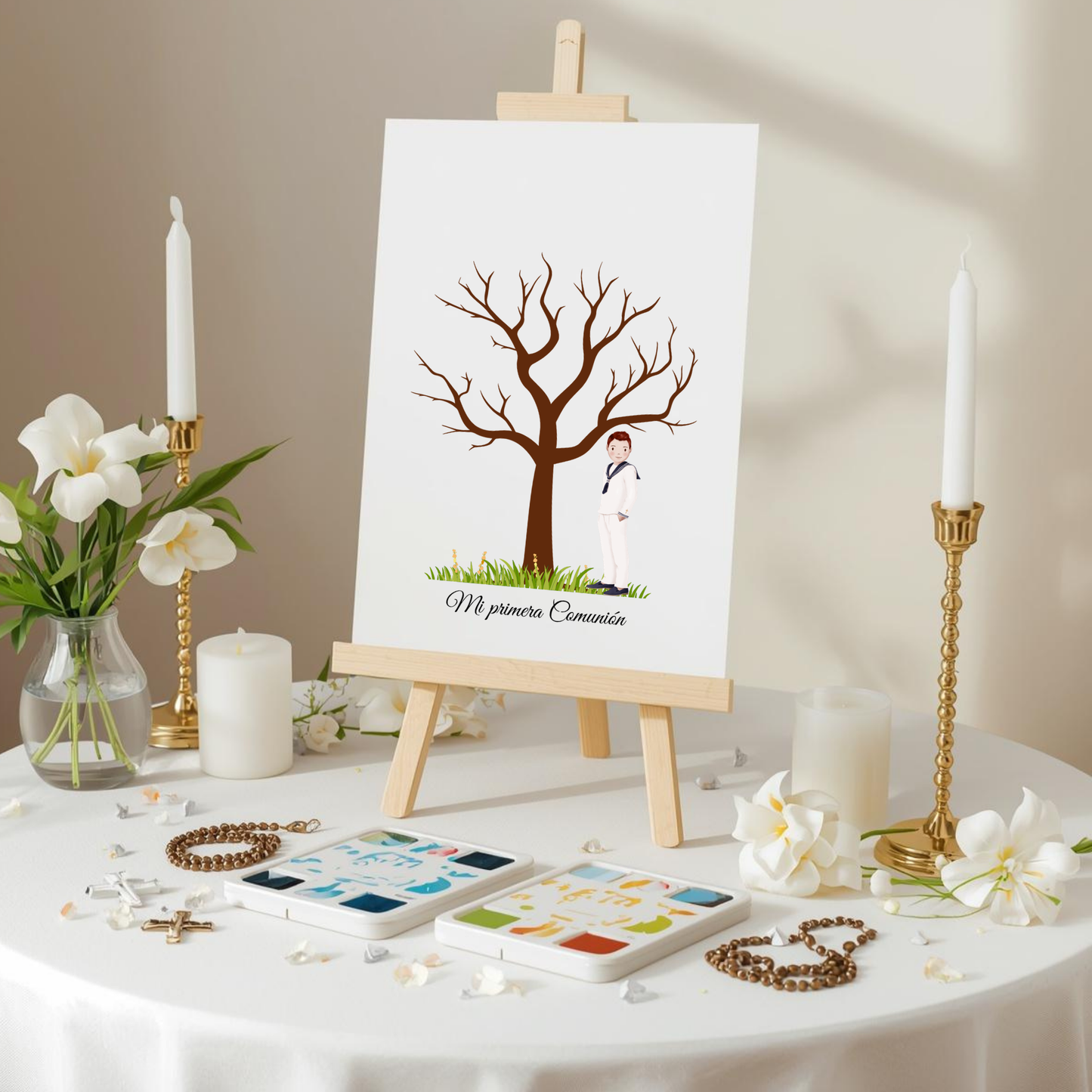 Árbol de huellas primera comunión | Libro de firmas ilustración personalizable | Varios modelos moreno, rubio, pelirrojo..