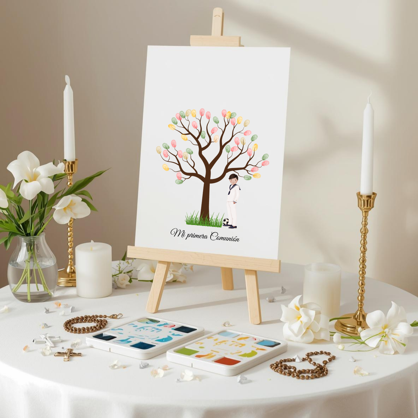 Árbol de huellas primera comunión | Libro de firmas ilustración personalizable | Varios modelos moreno, rubio, pelirrojo..