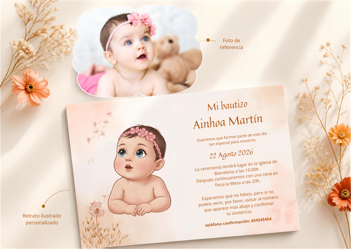 Invitación bautizo retrato animado | Invitaciones de bautismo horizontal o cuadrada | Papelería de eventos retratos personalizados
