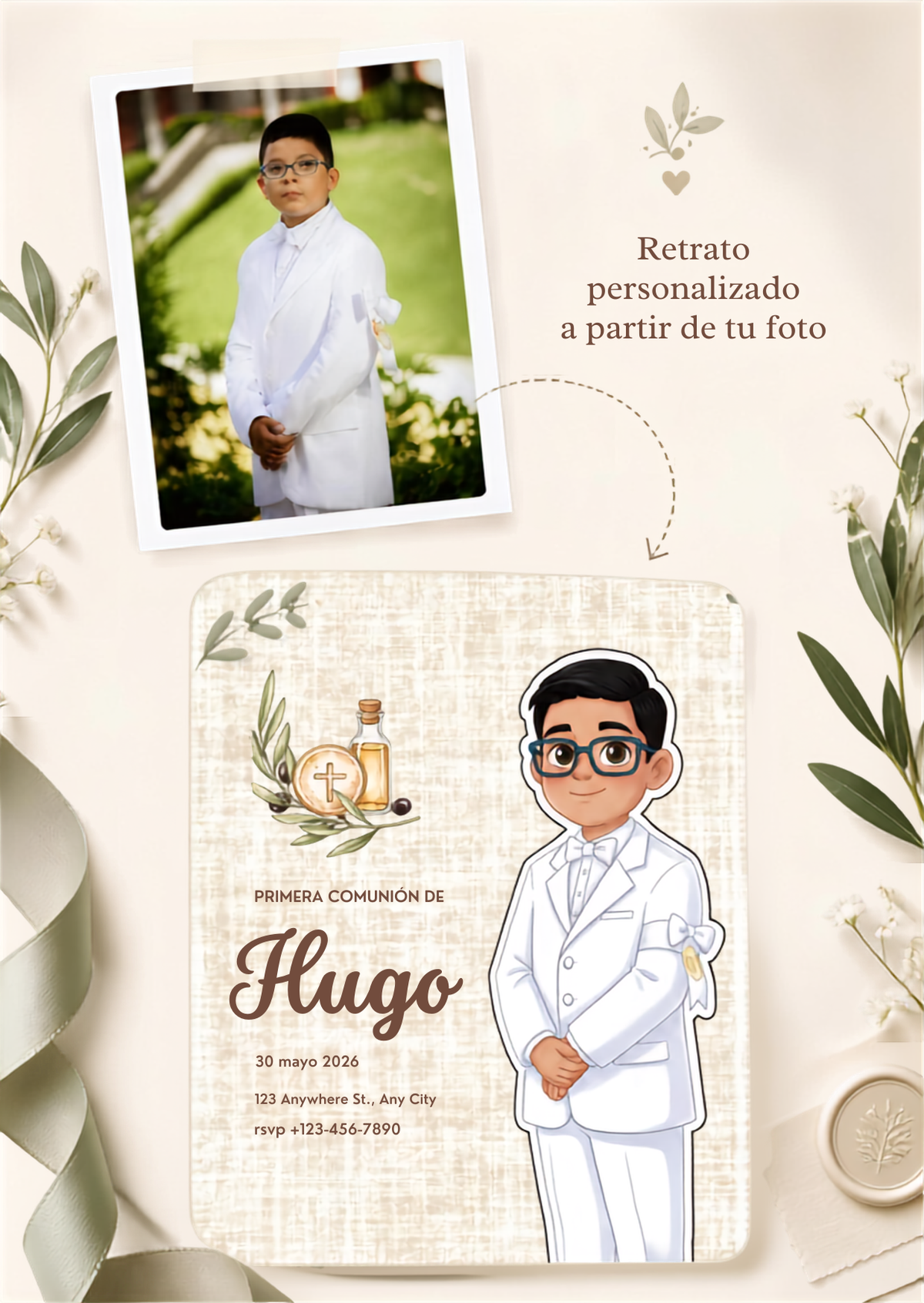 Pack de invitaciones personalizadas Primera Comunión | Invitación retrato animado niño o niña comunión | Diferentes opciones disponibles