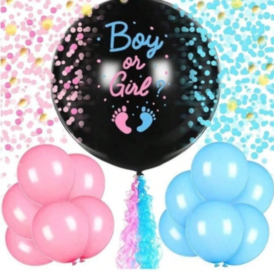Globo revelación de género con confeti azul y rosa - Fiesta Gender Reveal - Niño o Niña