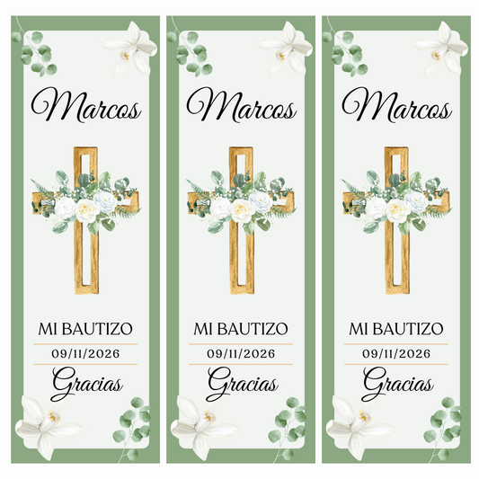 Marcapáginas Bautizo Personalizados – Diseño Cruz Dorada Floral – Packs 12 / 24 / 36 / 48 – Tarjetas Agradecimiento