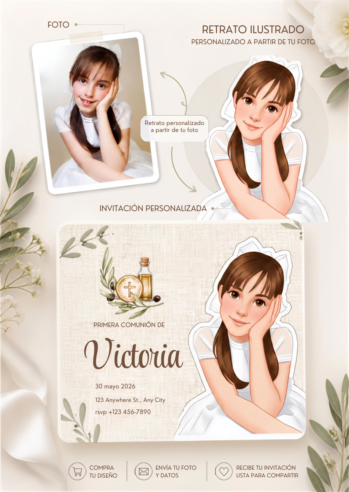 Pack de invitaciones personalizadas Primera Comunión | Invitación retrato animado niño o niña comunión | Diferentes opciones disponibles