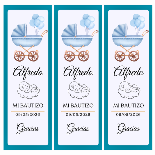 Marcapáginas Bautizo Personalizados – Diseño Carrito Azul – Packs 12 / 24 / 36 / 48 – Recuerdo para Invitados