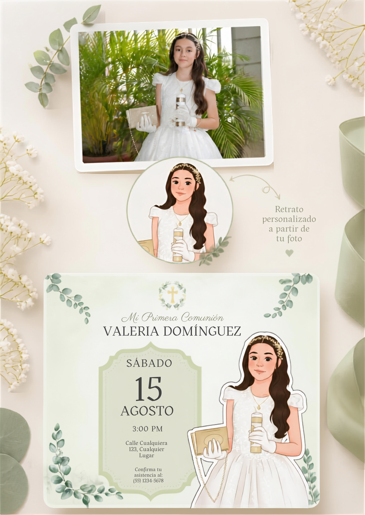Pack de invitaciones personalizadas Primera Comunión | Invitación retrato animado niño o niña comunión | Diferentes opciones disponibles