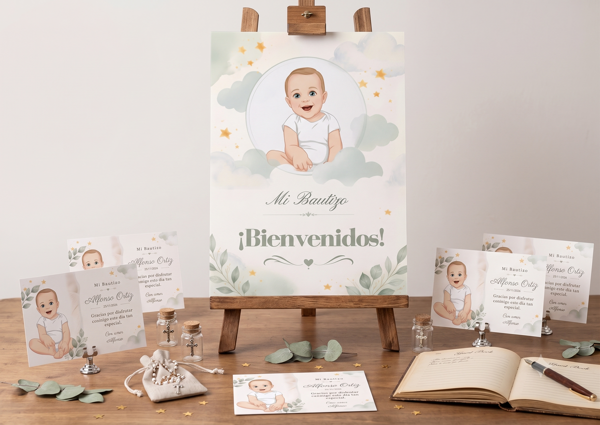 Cartel de Bienvenida bautizo retrato | Lámina A3 nacimiento del bebé | Póster entrada fiesta bautismo | Cartel personalizable retrato del bebé