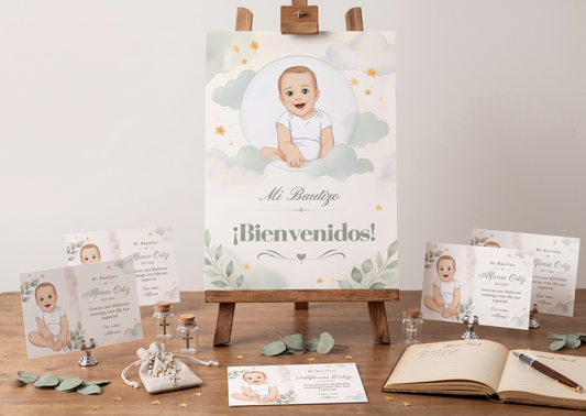Cartel de Bienvenida bautizo retrato | Lámina A3 nacimiento del bebé | Póster entrada fiesta bautismo | Cartel personalizable retrato del bebé