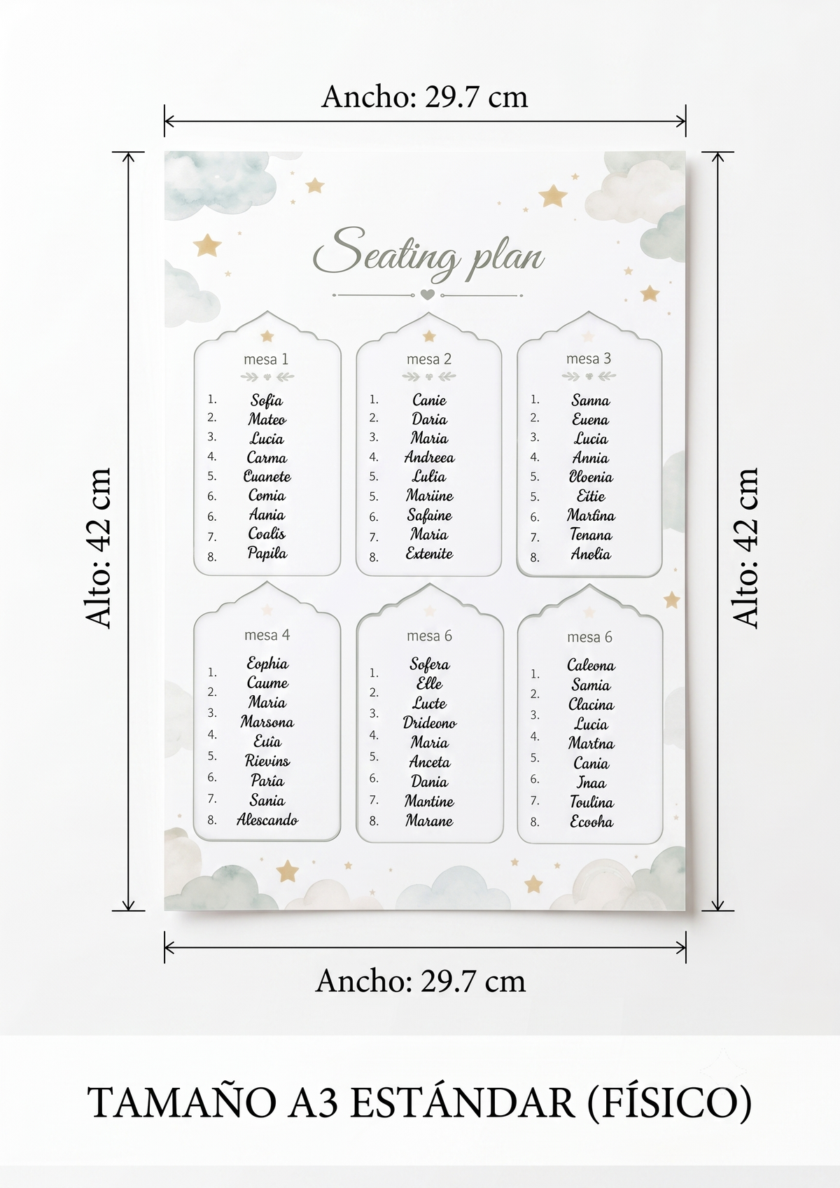 Seating Plan + Tarjetas de Seating Place · Cartel A3 Personalizado + Packs de 25 o 50 Tarjetas · Bautizo / Comunión / Eventos