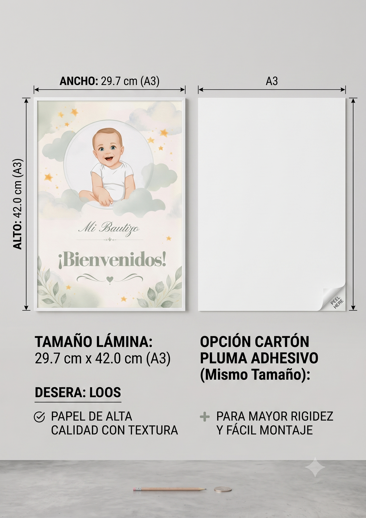 Cartel de Bienvenida bautizo retrato | Lámina A3 nacimiento del bebé | Póster entrada fiesta bautismo | Cartel personalizable retrato del bebé