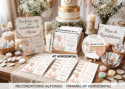Recordatorios de Bautizo o Primera Comunión · Tamaño A7 · Pack 16 / 32 · Personalizados con Retrato Animado