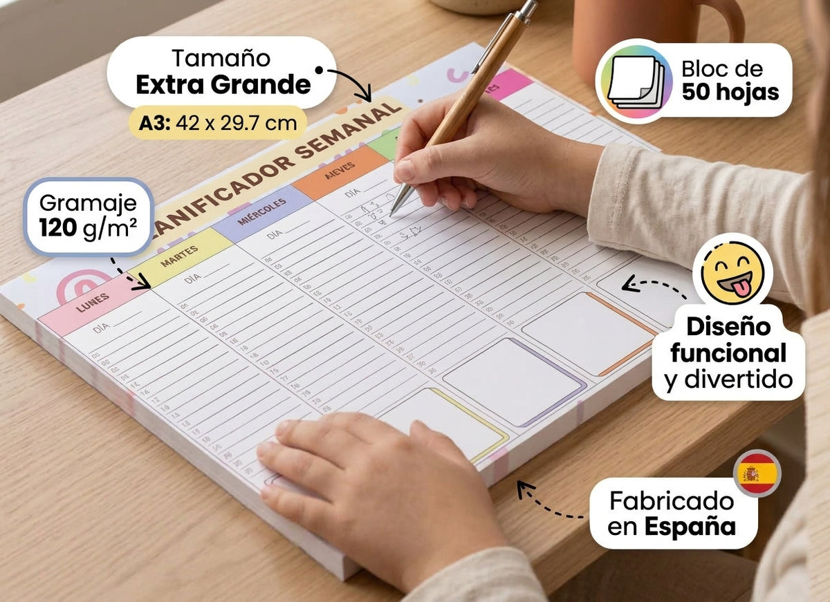 Bloc planificador A3 semanal | Bloc 50 hojas organización tareas y citas