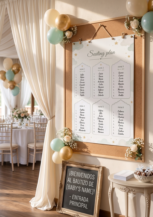 Seating Plan + Tarjetas de Seating Place · Cartel A3 Personalizado + Packs de 25 o 50 Tarjetas · Bautizo / Comunión / Eventos