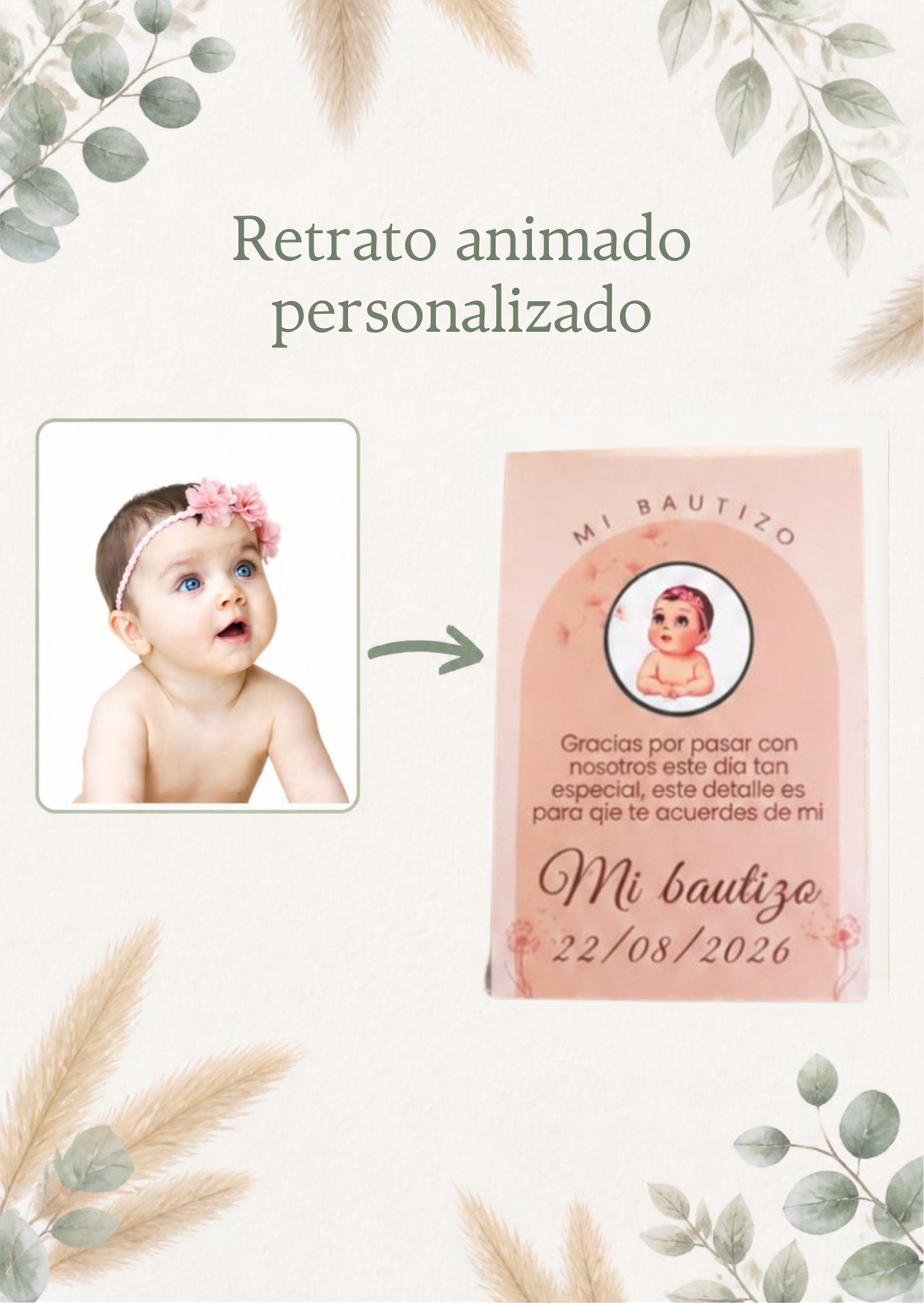 Recordatorio de Bautizo con Retrato Personalizado – Pack 12 unidades - Vela recordatorio fiesta nacimiento del bebé