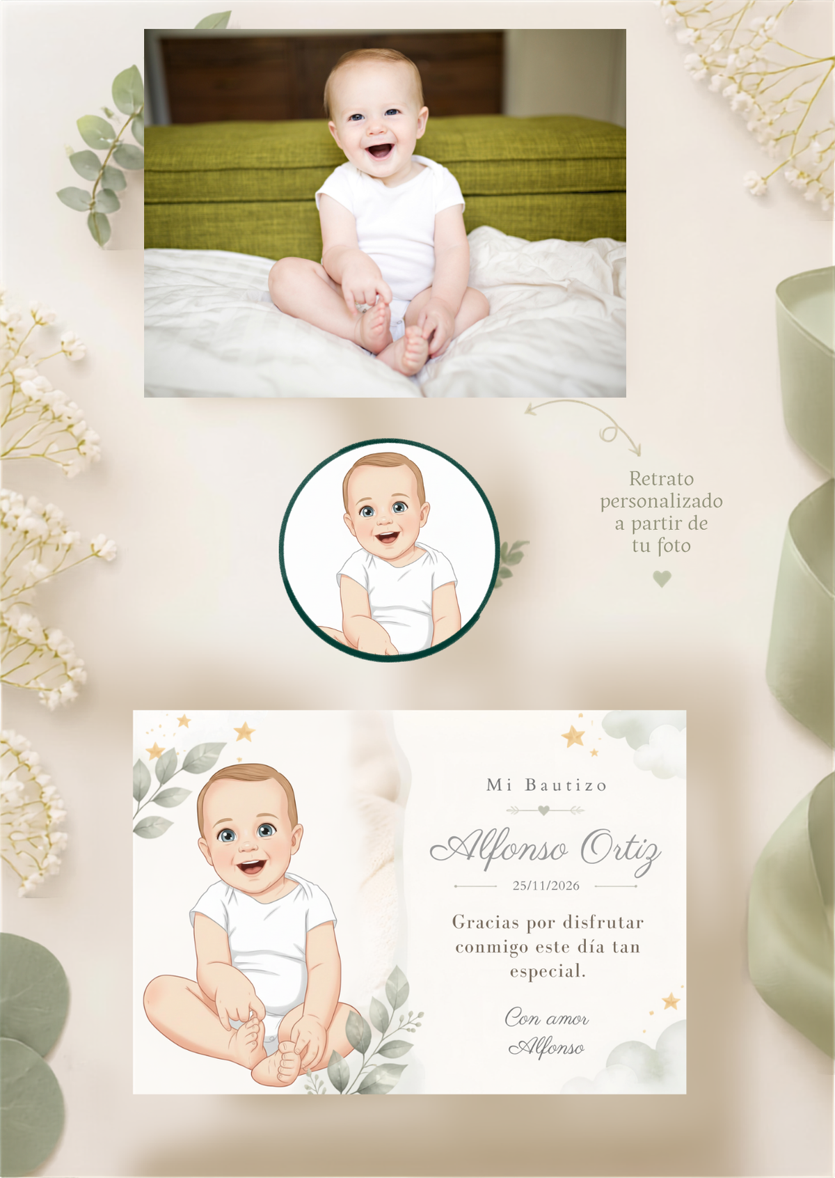 Recordatorios de Bautizo o Primera Comunión · Tamaño A7 · Pack 16 / 32 · Personalizados con Retrato Animado