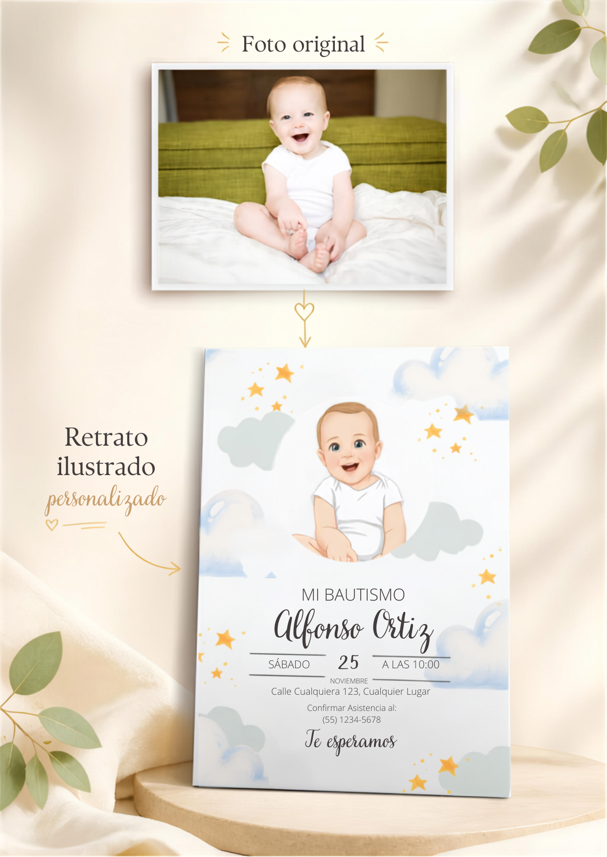 Invitacion bautizo personalizada | Retrato animado bebé bautismo | Recuerdo invitados nacimiento del bebé | Ilustración animada del bebé