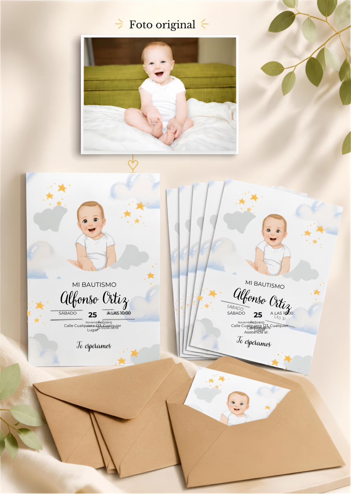 Invitacion bautizo personalizada | Retrato animado bebé bautismo | Recuerdo invitados nacimiento del bebé | Ilustración animada del bebé